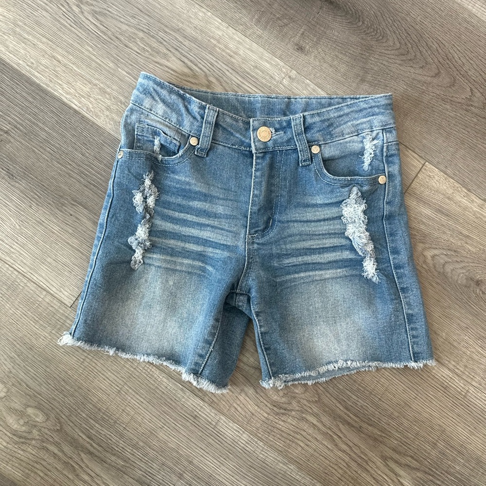 3/24$ Girls kids blue distressed denim/jean shorts with raw hem size 12
